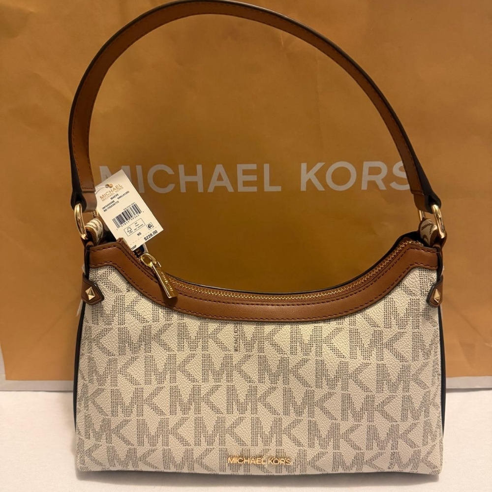 Michael Kors Beige Logo Canvas Shoulder Bag with Brown Trim